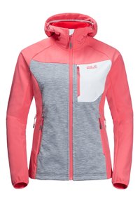 Giacca softshell bicolore con parte superiore di un brillante corallo e parte inferiore grigio heather. Include una tasca a zip sul petto e un cappuccio regolabile.