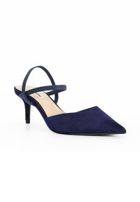 Navy suede slingback pump with a pointed toe, two slim crisscross straps, and a thin heel. Smooth surface with a matte finish.