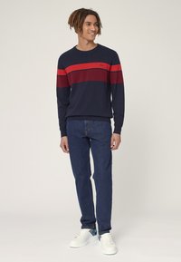 Maglione blu navy con strisce rosse e burgundy, abbinato a jeans blu scuro e sneakers bianche. Il maglione ha un collo rotondo e polsini a costine.