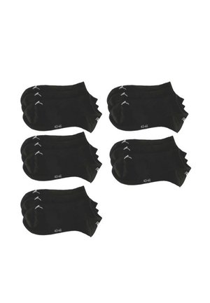 Schwarze Knöchel-Socken, Baumwollmischung, fünf Paare, Größe 43-46, nahtloses Design, verstärkter Zehenbereich, minimale Markenprägung mit weißen Akzenten.