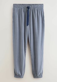 Modré a bílé kostkované pyžamové kalhoty s elastickým pasem a námořnickou šňůrkou na stažení. Kotníkové manžety s elastickými detaily. Bavlněná tkanina.