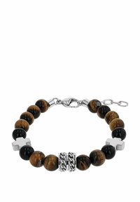 Pulsera de cuentas que presenta ojo de tigre y cuentas negras, acentos de cromo, detalle de cadena enlazada y un charm en forma de cruz.