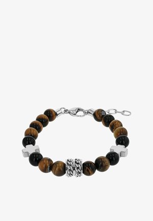Perlenarmband mit Tigerauge und schwarzen Perlen, Chromakzenten, einem verknüpften Kettendetail und einem kreuzförmigen Anhänger.