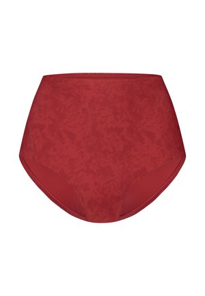 Hladká červená retro bikiny s vysokým pasem vyrobené z texturované tkaniny, s jednobarevným designem a jemným vzorem po celém povrchu.