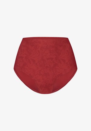 Hochgeschnittene rote Bikinihose aus einem strukturierten Stoff mit glatter Oberfläche, der eine einfarbige Optik und dezentes Muster aufweist.