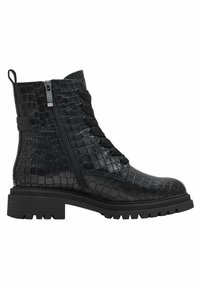 Bottine noire à motif crocodile avec fermeture éclair latérale, lacets à l'avant, languette de maintien et semelle épaisse à crampons.