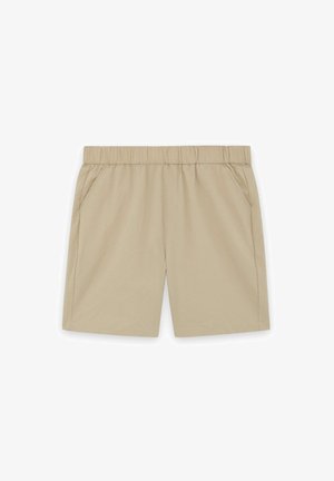 Beige Shorts mit elastischem Bund und Seitentaschen, für die Freizeit konzipiert, flach auf weißem Hintergrund dargestellt.