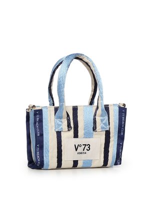 Petit sac fourre-tout rectangulaire avec des rayures verticales bleu clair, bleu marine et blanches, double poignée, et "V°73 Venezia" imprimé sur le devant.