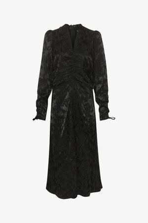 Must have pikad varrukad must kleit, millel on tekstuurne muster, kookon ees ja sügav V-kaelus. Omab elastseid mansette ja voogavat siluetti.