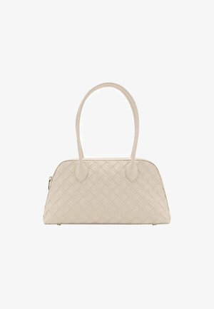 Woven cream handbag with a structured shape, rounded top, dual handles, and a zip closure. Smooth texture with subtle pattern detailing.
