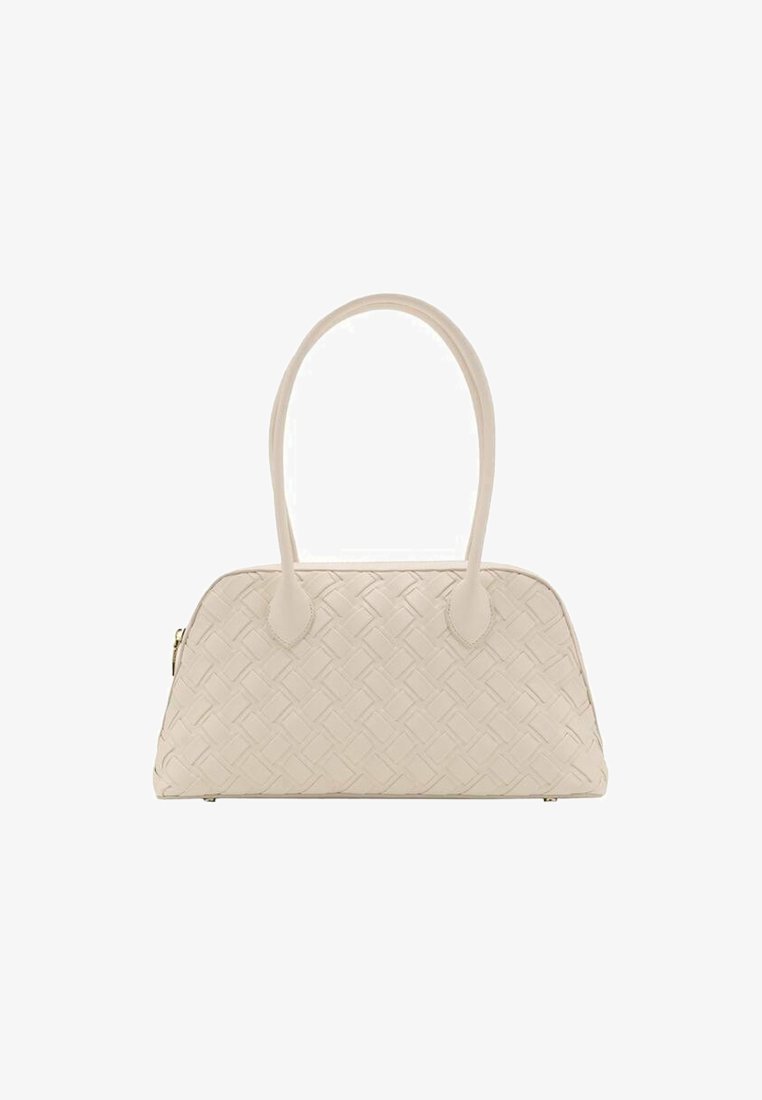 Woven cream handbag with a structured shape, rounded top, dual handles, and a zip closure. Smooth texture with subtle pattern detailing.