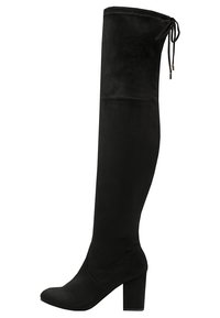 Botas negras por encima de la rodilla, fabricadas con material suave, con punta redonda, tacón cuadrado y cordones ajustables en la parte superior para un ajuste seguro.