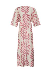 Longue robe crème à larges manches, avec un motif de feuilles roses et une taille froncée, vue de dos.