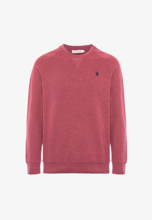 Felpa rossa realizzata in tessuto morbido e testurizzato. Presenta un collo rotondo, maniche lunghe e un piccolo logo ricamato sul lato sinistro del petto.