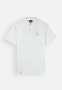 Chemise polo blanche avec un col, ornée d'un design brodé bleu clair sur la zone gauche de la poitrine. Fabriquée dans un tissu lisse et respirant.