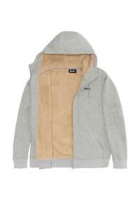 Sweat à capuche gris zippé avec une doublure polaire beige douce. Comprend une capuche et deux poches latérales. Étiquette de marque visible à l'intérieur du col.