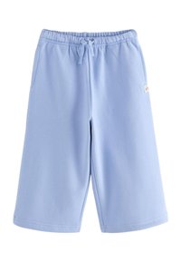 Lyseblå svedshorts med elastisk talje, snor, sidelommer og syede kanter, lavet af blødt, struktureret stof.