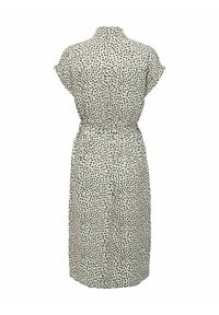 Kortärmad klänning i ett krämfärgat tyg med ett svartprickigt mönster, insvängd midja och knäppning bak. Mellanlång design med en avslappnad passform.