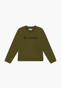 Felpa a manica lunga verde oliva con collo a giro e logo nero "Columbia" centrato sul petto, polsini e orlo a costine.