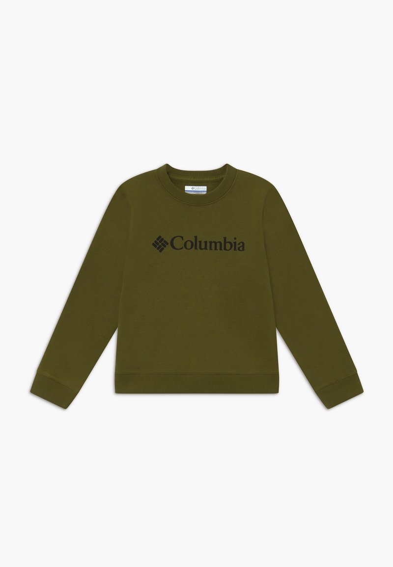 Felpa a manica lunga verde oliva con collo a giro e logo nero "Columbia" centrato sul petto, polsini e orlo a costine.
