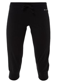 Sorte cropped sweatpants med elastiske manchetter, snøre i taljen og lille Champion-logo på højre hofte.