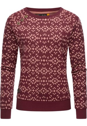 Long-sleeve maroon sweater with light pink geometric pattern, round neckline, three decorative buttons on left shoulder, ribbed cuffs and hem.