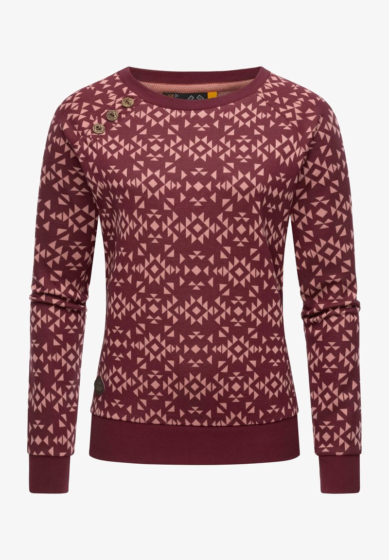 Pull à manches longues couleur bordeaux avec motif géométrique rose clair, encolure ronde, trois boutons décoratifs sur l'épaule gauche, poignets et ourlet côtelés.