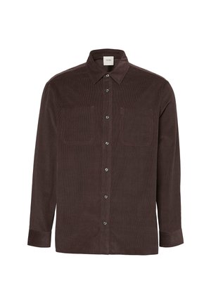 Heren overhemd met lange mouwen van donkergroen ribfluweel, voorzien van knopen, twee borstzakken en een kraag.