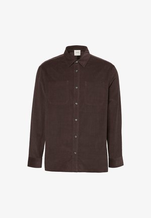 Heren overhemd met lange mouwen van donkergroen ribfluweel, voorzien van knopen, twee borstzakken en een kraag.