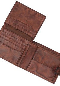 Bruine leren portemonnee met een bifold ontwerp, meerdere kaartsleuven, een vak voor biljetten en gladde, gestructureerde oppervlakken.