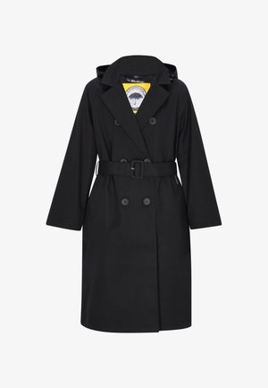 Schwarzer Trenchcoat, doppelreihiges Design, strukturierter Kragen, Gürteldetail und ein gelbes, gemustertes Innenfutter. Lange Ärmel, schlanke Silhouette.