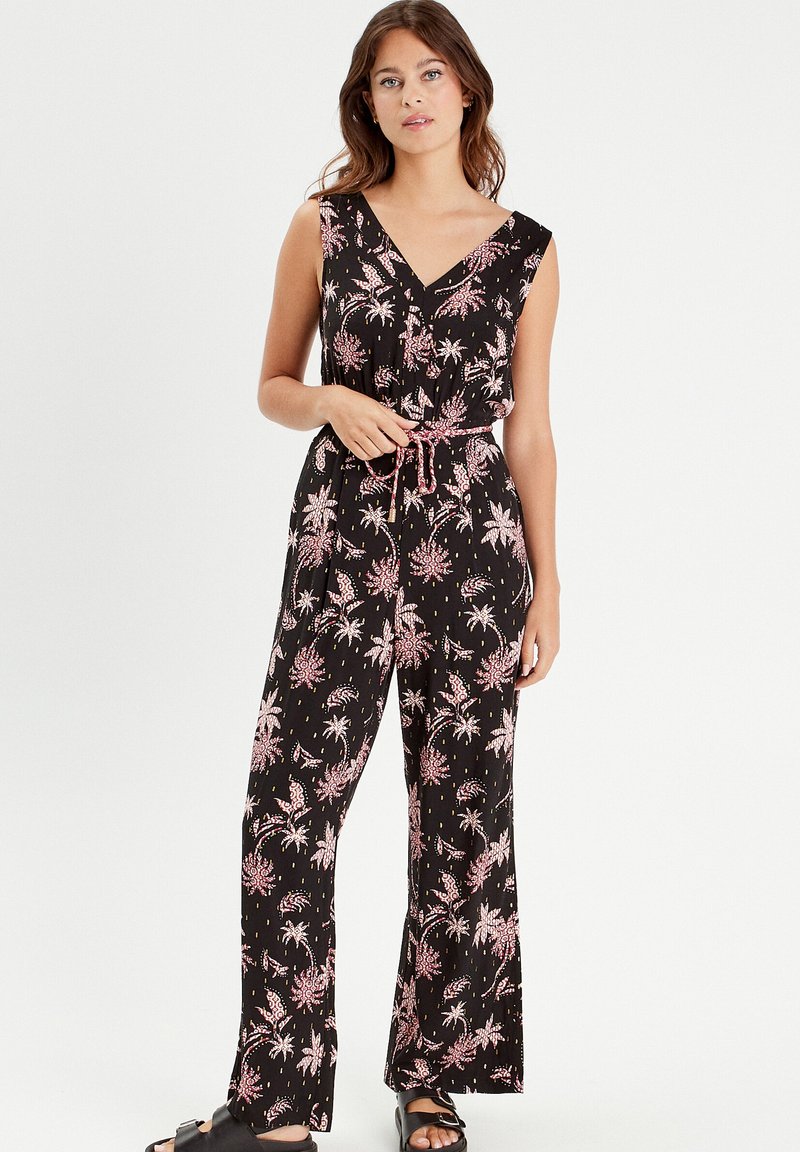 Schwarzer Overall mit floralem pink- und weißem Muster, V-Ausschnitt, ärmelloses Design, taillierter Schnitt mit passendem Bindeband und weitem Bein.