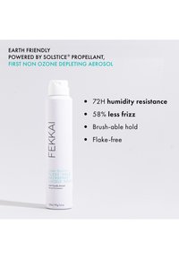 White aerosol can with blue accents, labeled "Fekkai Flexi-Hold Hairspray." Features include eco-friendly propellant, 72H humidity resistance, and flake-free.