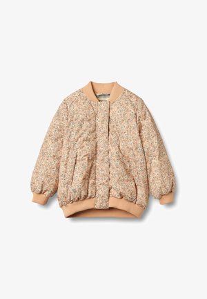 Prošívaná bomber bunda v jasně broskvové barvě, s květinovým vzorem, žebrovaným límcem a manžetami a dvěma bočními kapsami. Měkká textura látky.