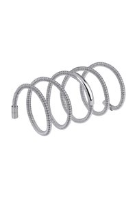 Metaltråd spirale, sølvfarvet. Har fem svingninger med en glat, skinnende accent i midten, der giver et fleksibelt greb.
