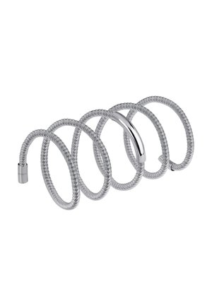 Metaltråd spirale, sølvfarvet. Har fem svingninger med en glat, skinnende accent i midten, der giver et fleksibelt greb.