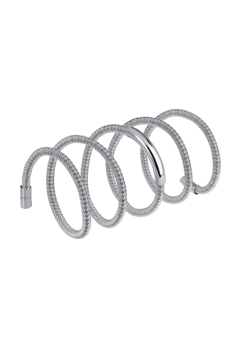 Metaltråd spirale, sølvfarvet. Har fem svingninger med en glat, skinnende accent i midten, der giver et fleksibelt greb.