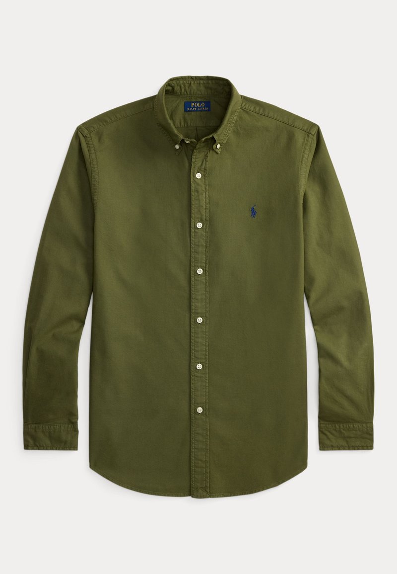 Button-down shirt in olive green cotton, featuring long sleeves, a pointed collar, white buttons, and a small blue embroidered logo.