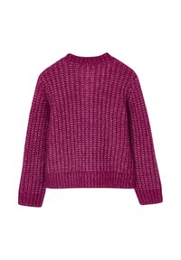 Texturiertes Strickpullover in einem tiefen Magenta-Ton, mit Rundhalsausschnitt und langen Ärmeln mit gerippten Bündchen und Saum.