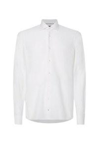 Camicia bianca a maniche lunghe in lino, con colletto classico, chiusura con bottoni e orlo curvo con una texture morbida.