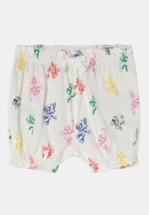 Hvide shorts lavet af blødt stof med farverige tegneseriefigurer i rød, grøn, blå, gul og sort, med elastisk taljebånd.