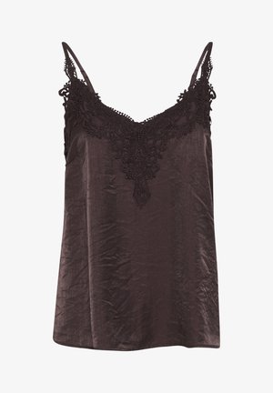 Brązowa satynowa koszulka na ramiączkach z koronkowym wykończeniem przy dekolcie oraz regulowanymi ramiączkami. Gładka tekstura i luźny krój.