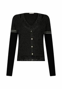 Cardigan nero con scollatura a V, filo metallico, bottoni frontali, orlo in pizzo e maniche nere solide con dettaglio a striscia bianca.
