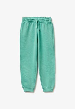Hellgrüne Baumwoll-Jogginghose mit elastischem Bund, verstellbarem Kordelzug, Seitentaschen und gerippten Bündchen an den Knöcheln.