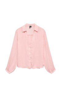Blouse rose clair avec un devant à boutons, décolleté en V et manches longues. Fabriquée dans un tissu doux et texturé avec une coupe décontractée.
