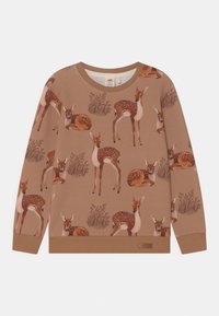 Felpa marrone con un motivo ripetuto di cervi e erba. Presenta maniche lunghe, un colletto tondo e un orlo inferiore a coste.