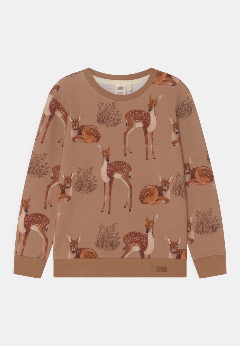 Felpa marrone con un motivo ripetuto di cervi e erba. Presenta maniche lunghe, un colletto tondo e un orlo inferiore a coste.