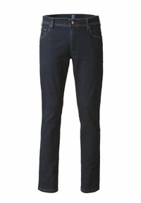 Dark blue denim jeans with a slim fit, five-pocket design, contrasting yellow stitching, and a single button closure at the waist.