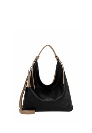 Musta nahkainen hobo-laukku, jossa beigenvärinen kahva ja irrotettava olkahihna, koristeltu tupsuyksityiskohdalla ja pienellä kohopainetulla merkin nimellä edessä.