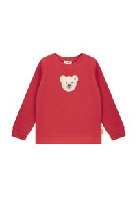 Sudadera roja hecha de una tela suave, con un bordado de cara de oso en el pecho, manga larga y puños de canalé.